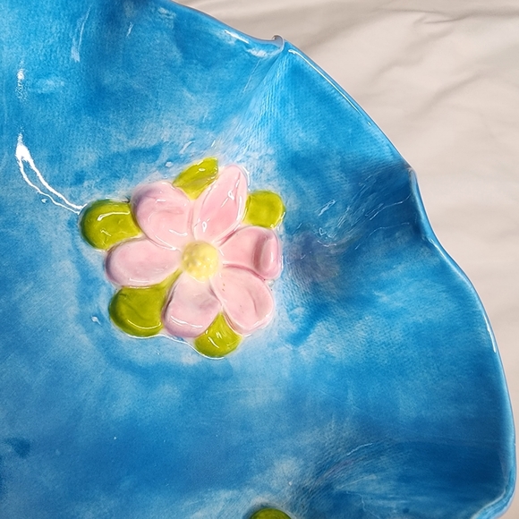 Handmade Ceramic Dish Glazed Blue with Pink Flowers 7" Unique Wavy Edge Bowl - Picture 8 of 14